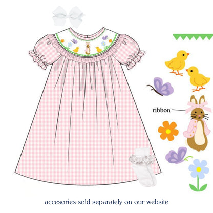 PINK GINGHAM SPRING BUNNY SMOCKED BISHOP DRESS
