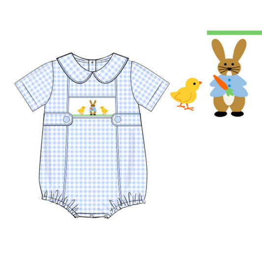 BLUE GINGHAM SPRING BUNNY SMOCKED BUBBLE