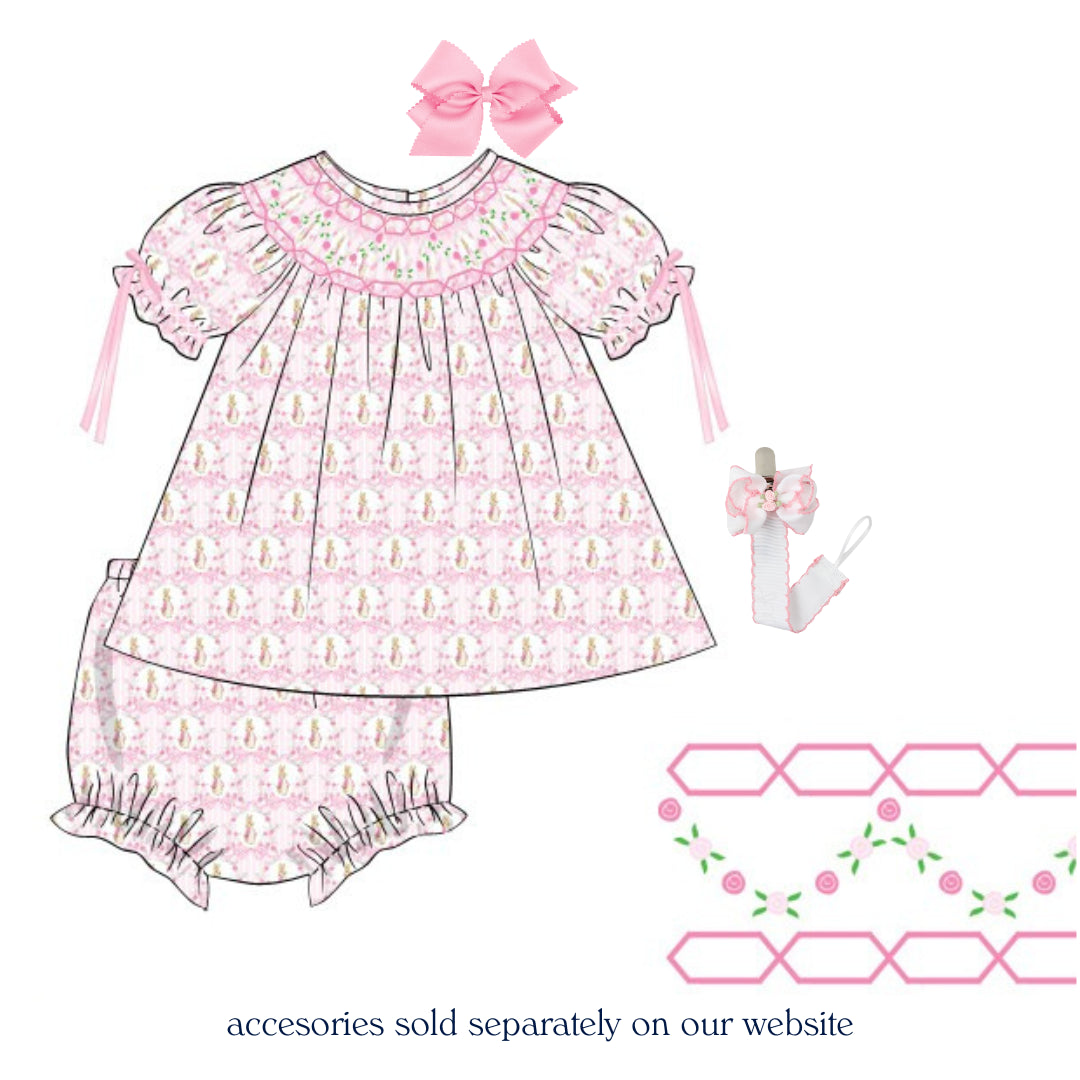 GEOMETRIC SMOCKED PINK PETER RABBIT BOW DIAPER SET