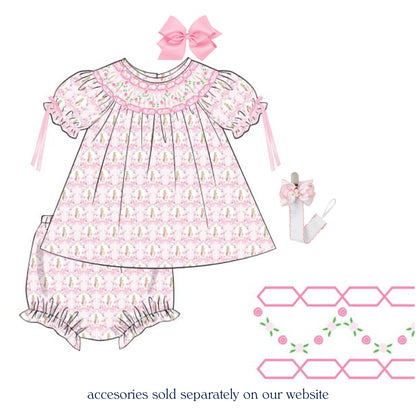 GEOMETRIC SMOCKED PINK PETER RABBIT BOW DIAPER SET
