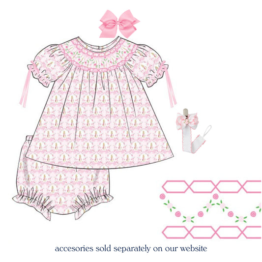 GEOMETRIC SMOCKED PINK PETER RABBIT BOW DIAPER SET