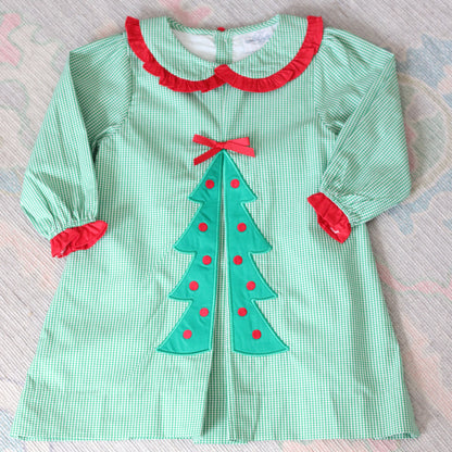 GREEN GINGHAM PLEATED CHRISTMAS TREE DRESS