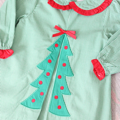 GREEN GINGHAM PLEATED CHRISTMAS TREE DRESS