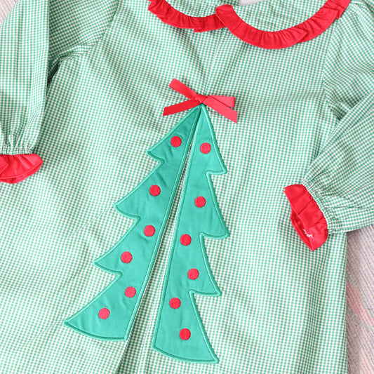 GREEN GINGHAM PLEATED CHRISTMAS TREE DRESS
