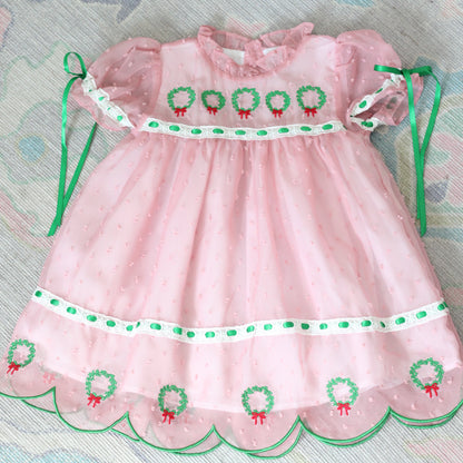 PINK SWISS DOT CHIFFON WREATHS DRESS