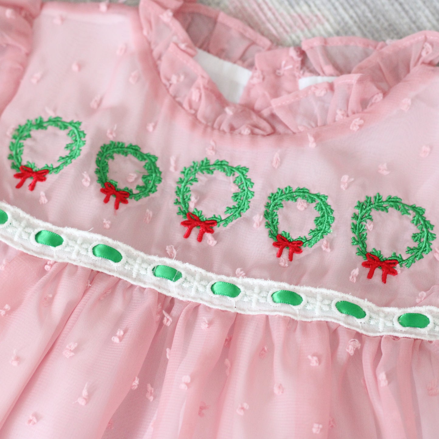PINK SWISS DOT CHIFFON WREATHS DRESS