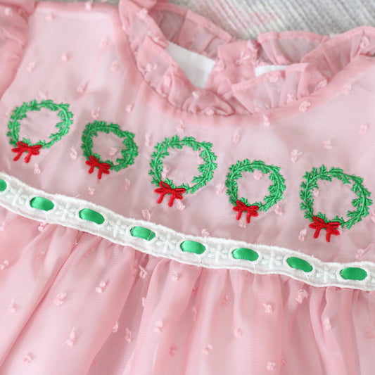 PINK SWISS DOT CHIFFON WREATHS SKIRTED BUBBLE