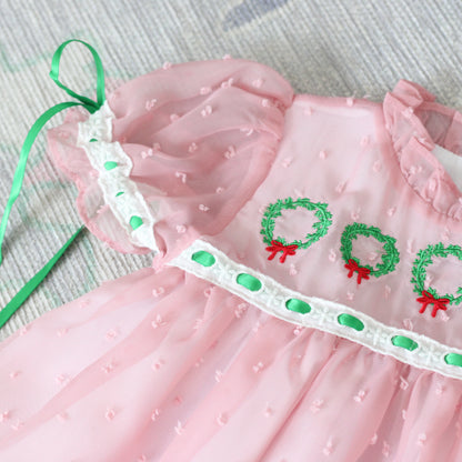 PINK SWISS DOT CHIFFON WREATHS DRESS