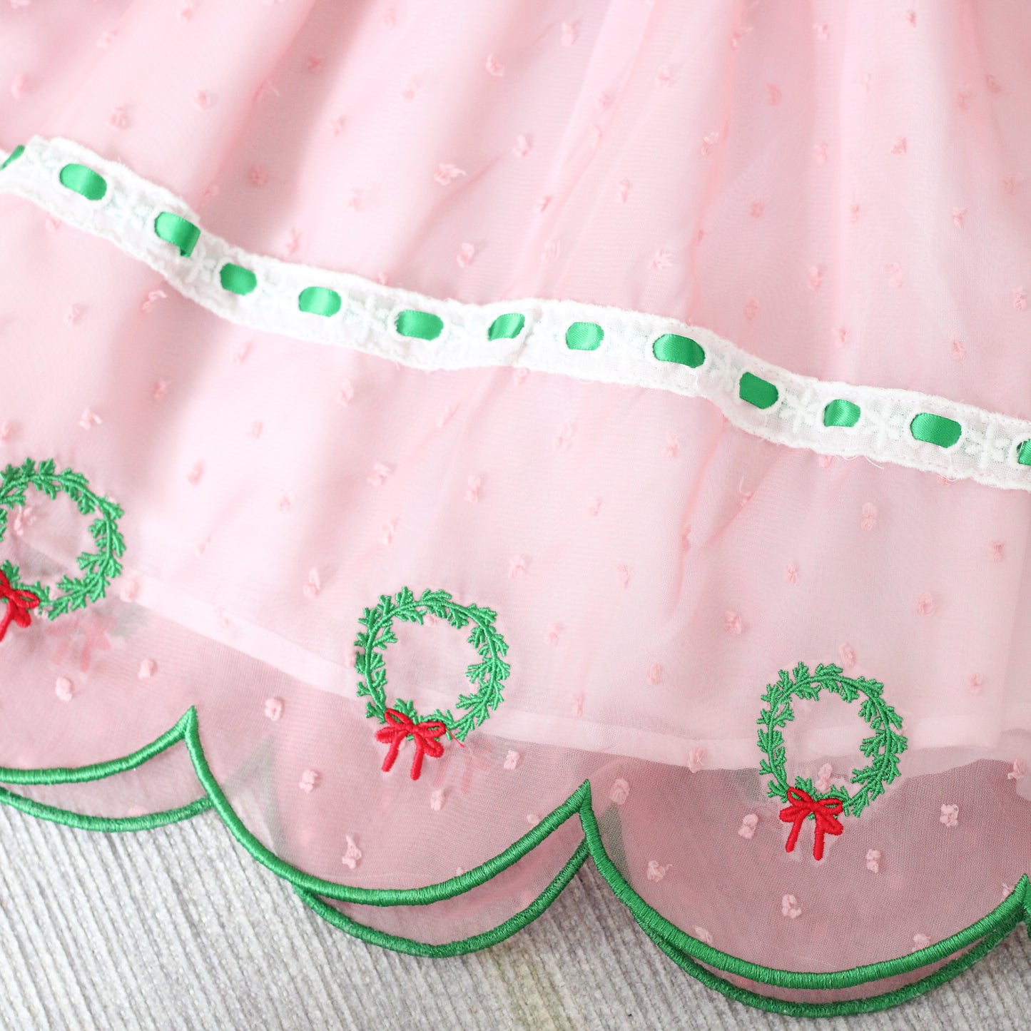 PINK SWISS DOT CHIFFON WREATHS DRESS