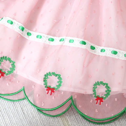 PINK SWISS DOT CHIFFON WREATHS DRESS