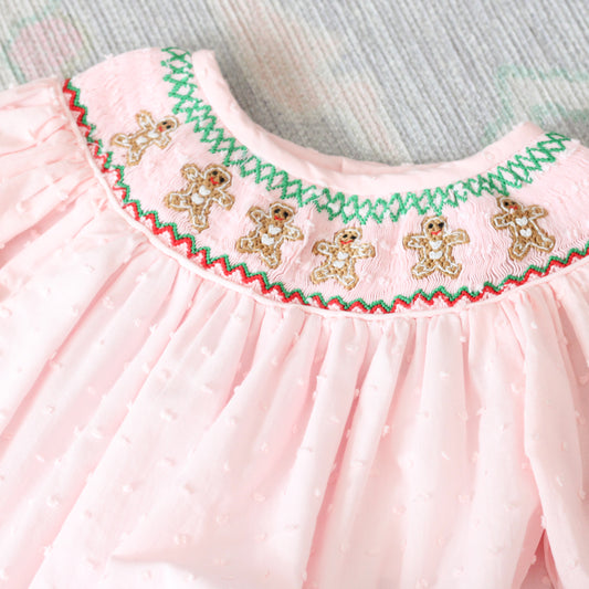 PINK SWISS DOT SMOCKED GINGERBREAD BUBBLE