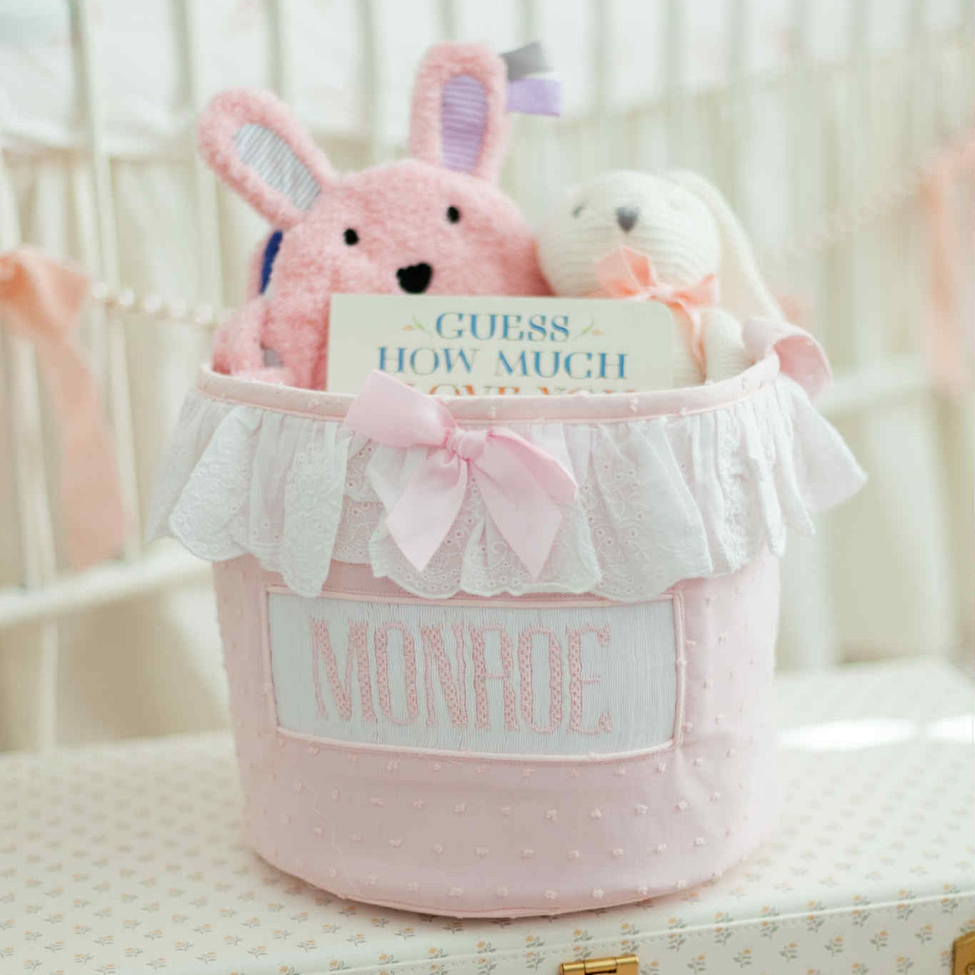 PINK SWISS DOT NAME SMOCKED BUCKET