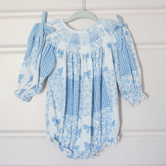 BLUE PATCHWORK GEOMETRIC SMOCKED BUBBLE