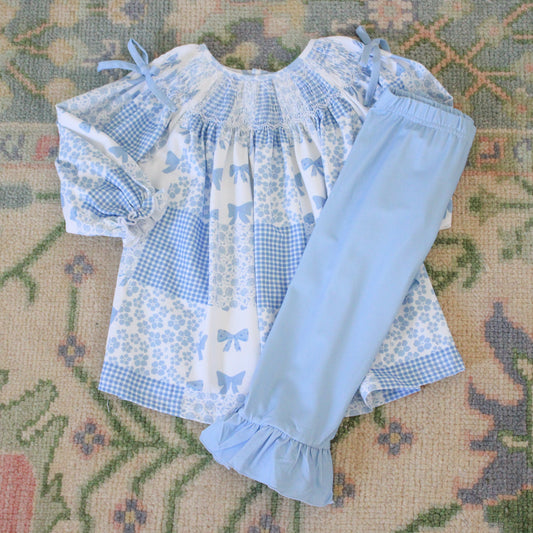 BLUE PATCHWORK GEOMETRIC SMOCKED RUFFLE PANT SET