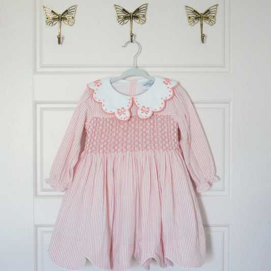 PINK PINSTRIPED BOW COLLAR SMOCKED DRESS