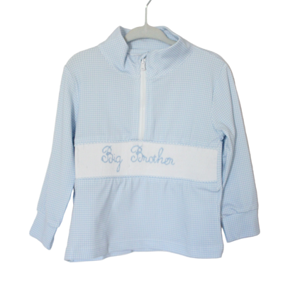 BLUE GINGHAM BIG BROTHER SMOCKED 1/4 ZIP PULLOVER