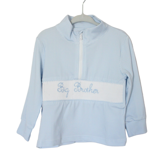 Blue Gingham Big Brother Smocked 1/4 Zip Pullover