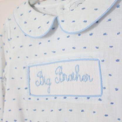 BLUE SWISS DOT BIG BROTHER SMOCKED BUBBLE