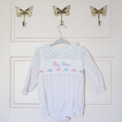 PINK & BLUE BOWS SWISS DOT BIG SISTER SMOCKED BUBBLE