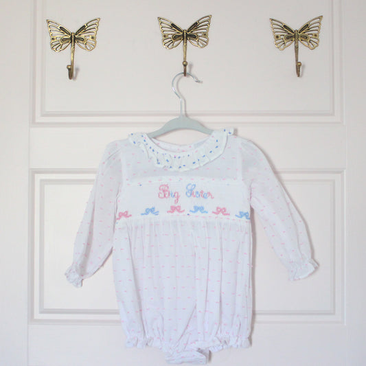 PINK & BLUE BOWS SWISS DOT BIG SISTER SMOCKED BUBBLE