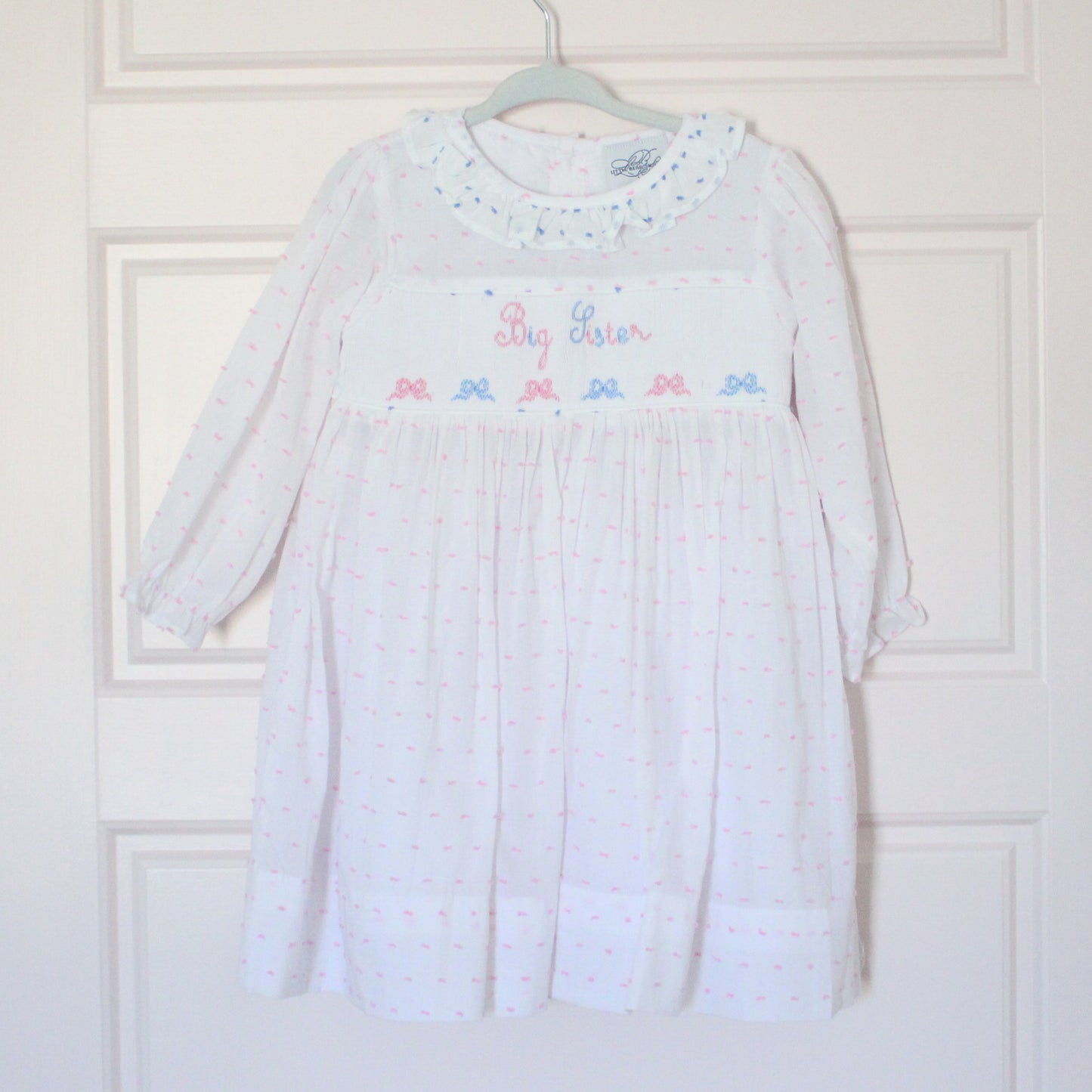 PINK & BLUE BOWS SWISS DOT BIG SISTER SMOCKED DRESS