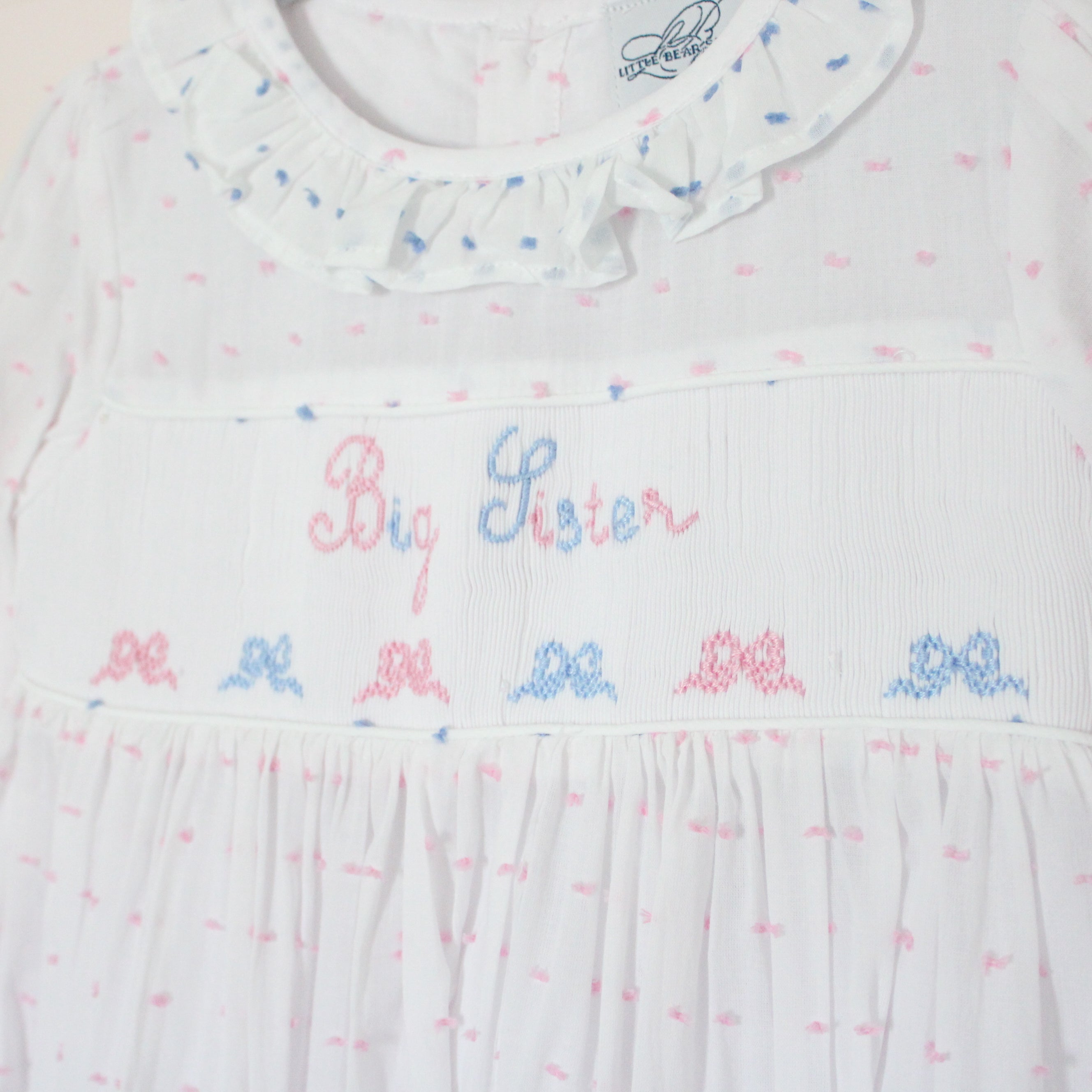 Pink & Blue Bows Swiss Dot Big Sister Smocked Dress