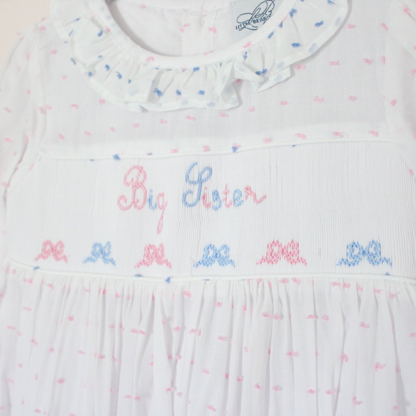 PINK & BLUE BOWS SWISS DOT BIG SISTER SMOCKED BUBBLE