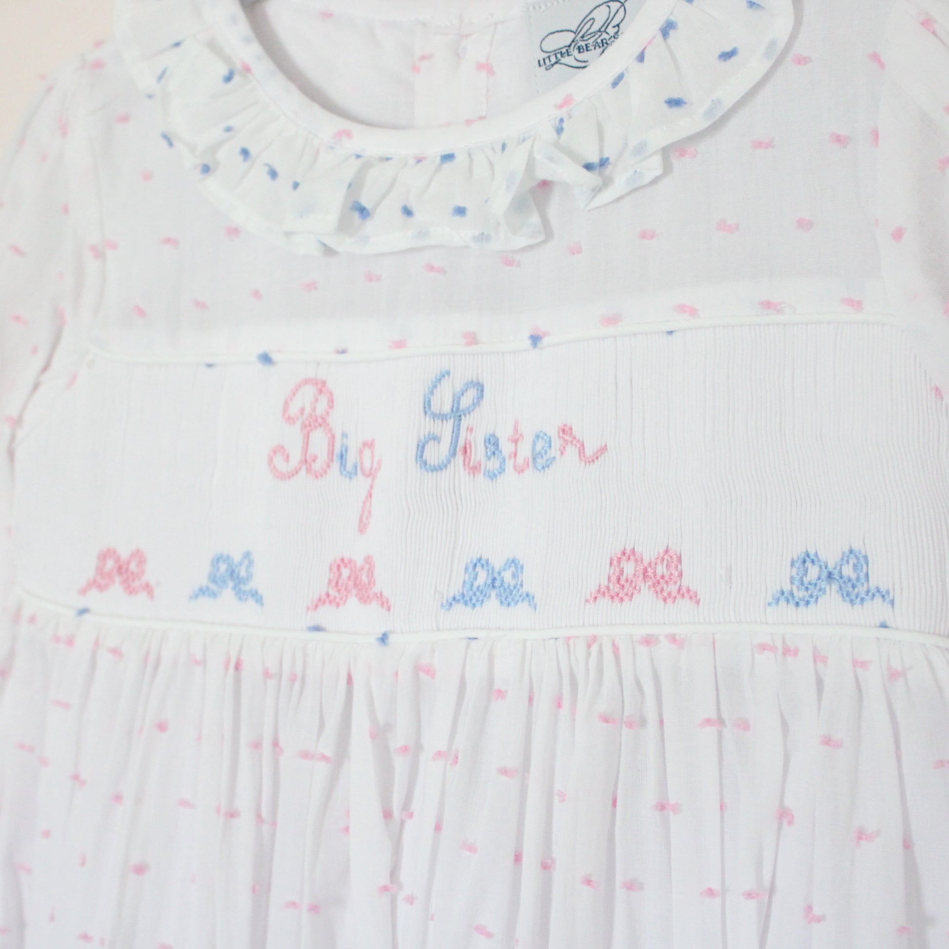 Pink & Blue Bows Swiss Dot Big Sister Smocked Dress 3T Pink & Blue Bows Swiss Dot Big Sister Smocked Dress 3T