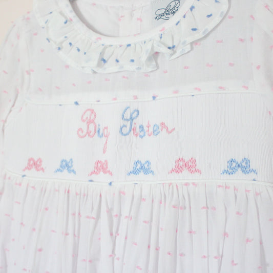 PINK & BLUE BOWS SWISS DOT BIG SISTER SMOCKED DRESS