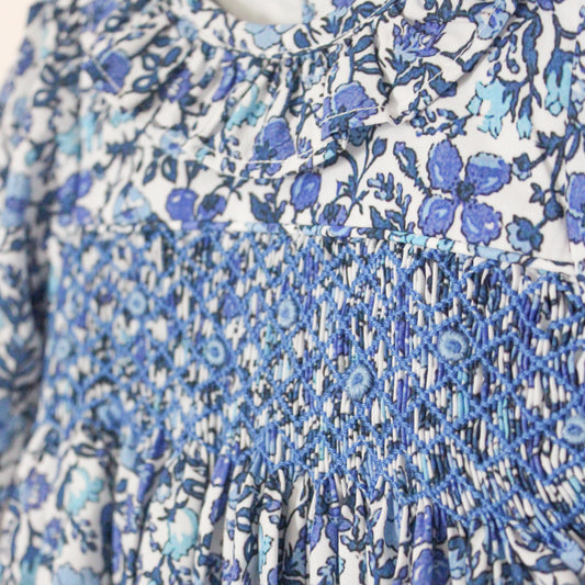 BLUE FLORAL GEOMETRIC SMOCKED BUBBLE