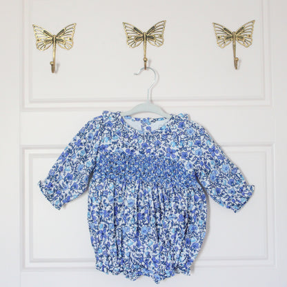 Blue Floral Geometric Smocked Bubble