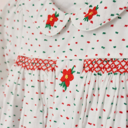 SWISS DOT SMOCKED POINSETTIA & HOLLY BUBBLE