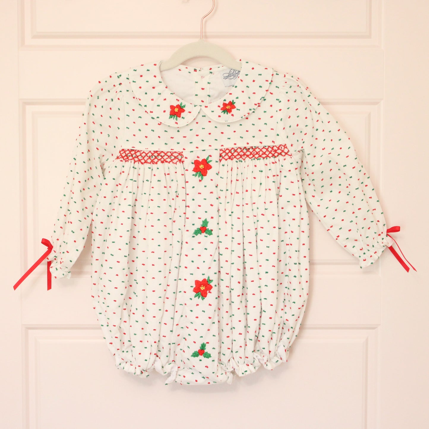 SWISS DOT SMOCKED POINSETTIA & HOLLY BUBBLE