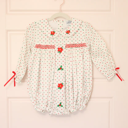 SWISS DOT SMOCKED POINSETTIA & HOLLY BUBBLE