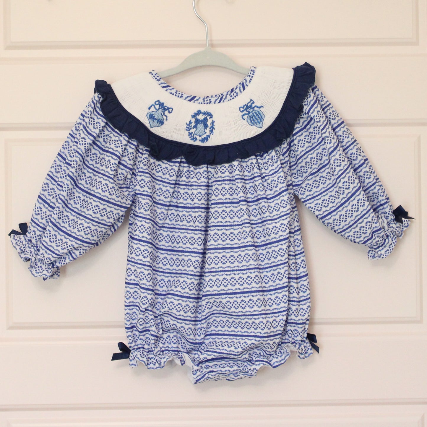 GIRLS BLUE ORNAMENT SMOCKED BUBBLE