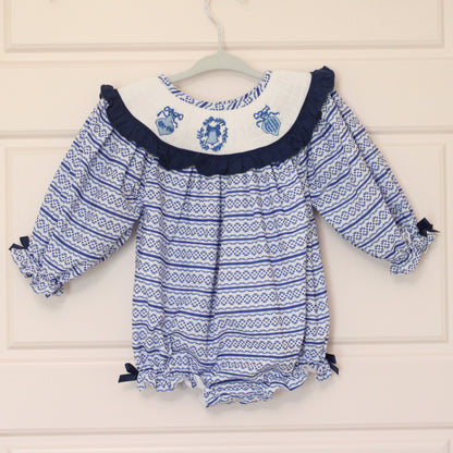 GIRLS BLUE ORNAMENT SMOCKED BUBBLE