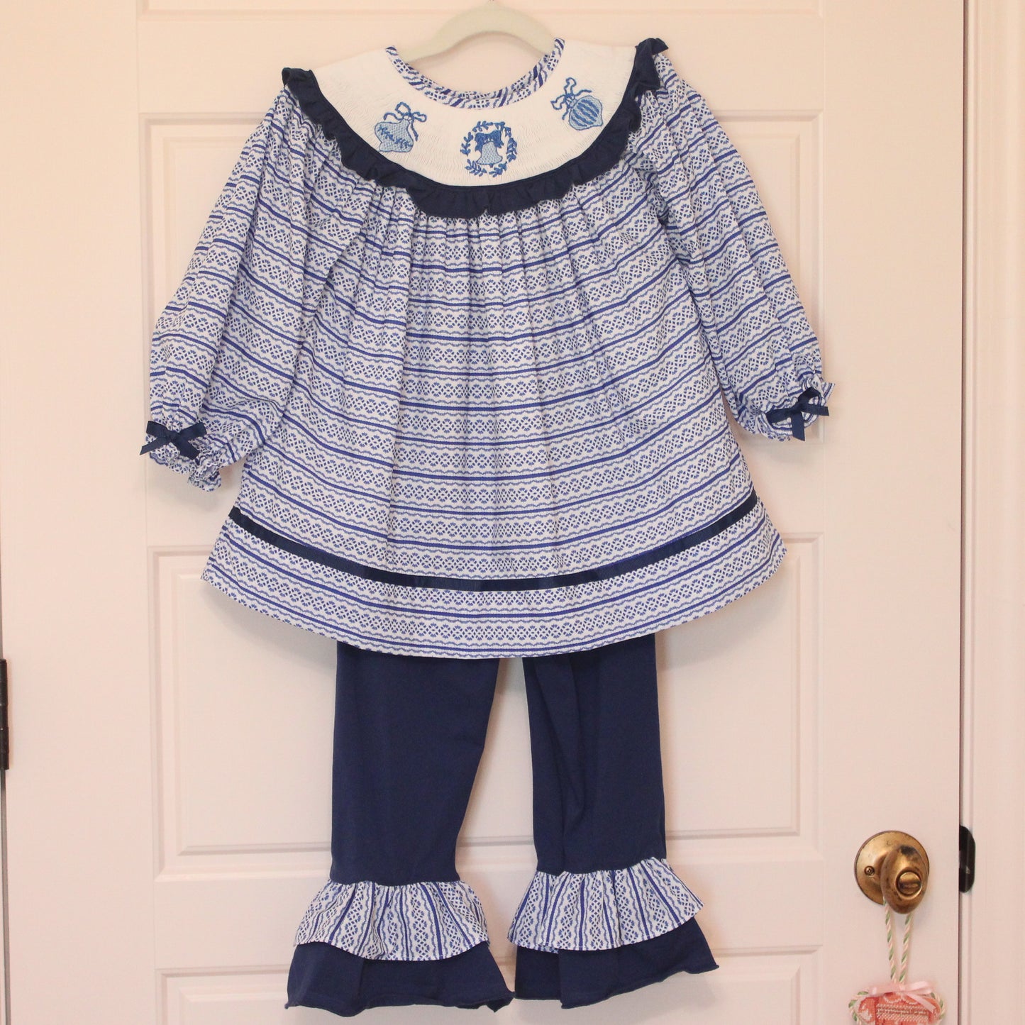 GIRLS BLUE ORNAMENT SMOCKED PANT SET