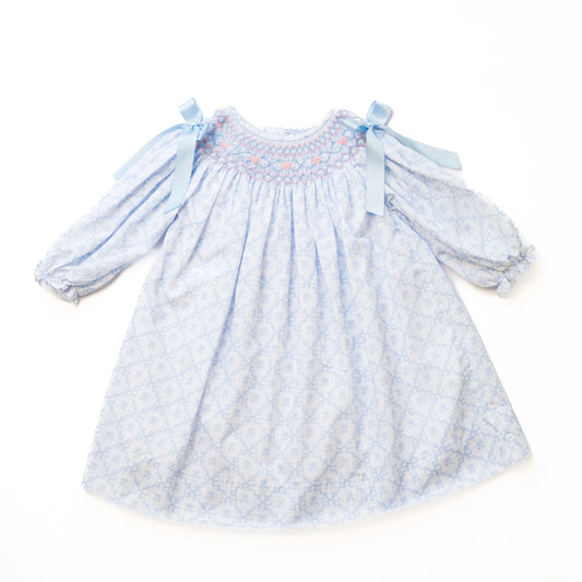 Blue & Pink Hearts Geometric Smocked Bishop Dress