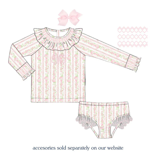 Girls Pink Palm Smocked 2PC Rash Guard