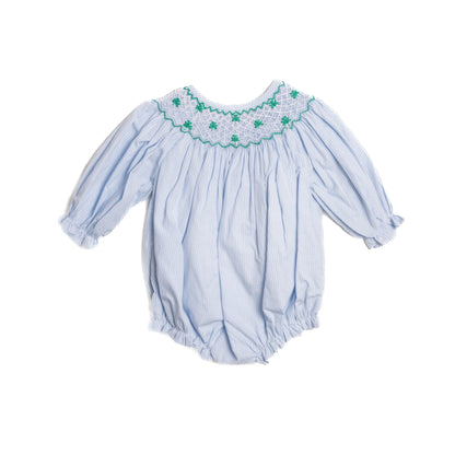 Blue Gingham Geometric Smocked Shamrocks Bishop Bubble