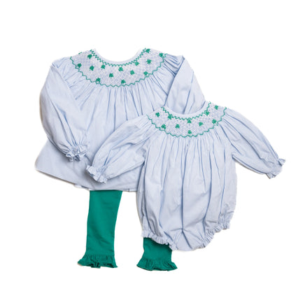 Blue Gingham Geometric Smocked Shamrocks Legging Set