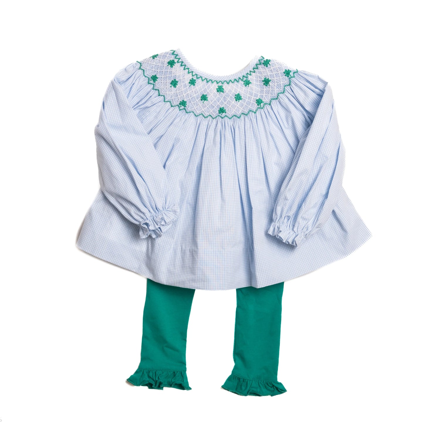 Blue Gingham Geometric Smocked Shamrocks Legging Set