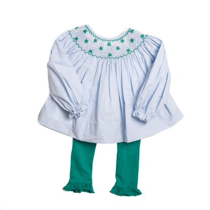 Blue Gingham Geometric Smocked Shamrocks Legging Set