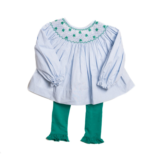 Blue Gingham Geometric Smocked Shamrocks Legging Set