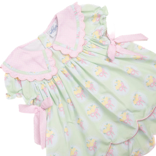 Yellow Tulip Bouquet Scallop Collared Dress