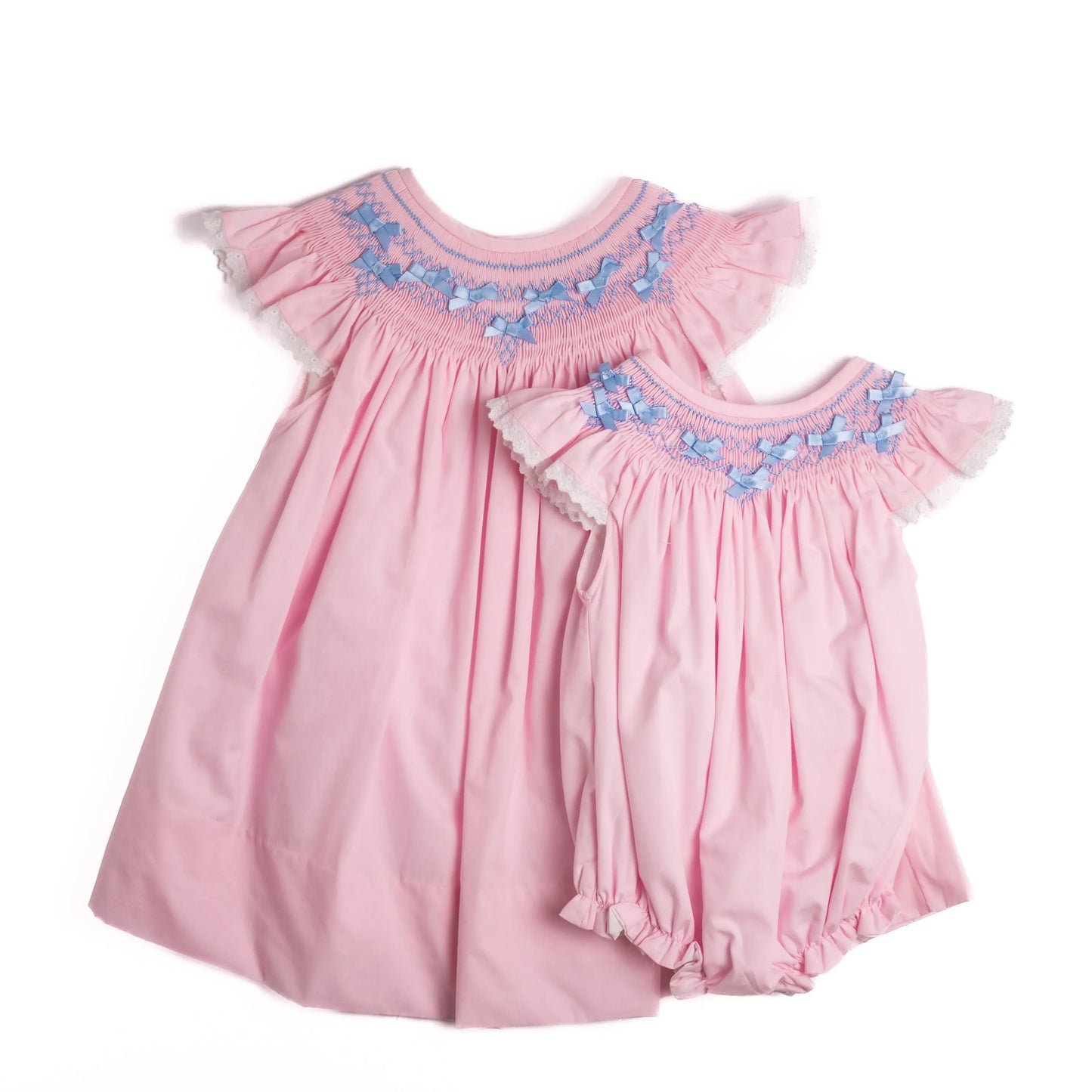 Pink & Blue Bows Geometric Smocked Bubble