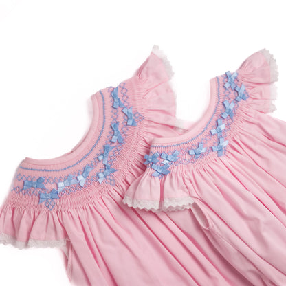 Pink & Blue Bows Geometric Smocked Bubble