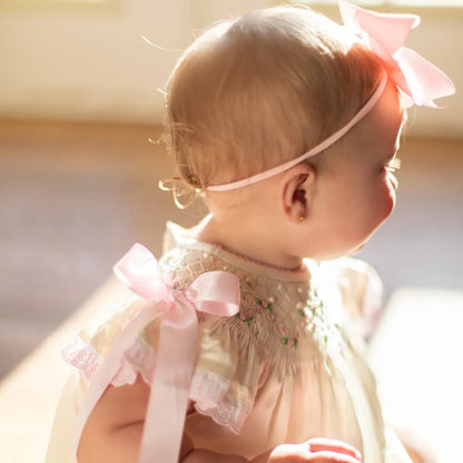 Cream Satin Rosette & Pearls Smocked Bishop Bubble