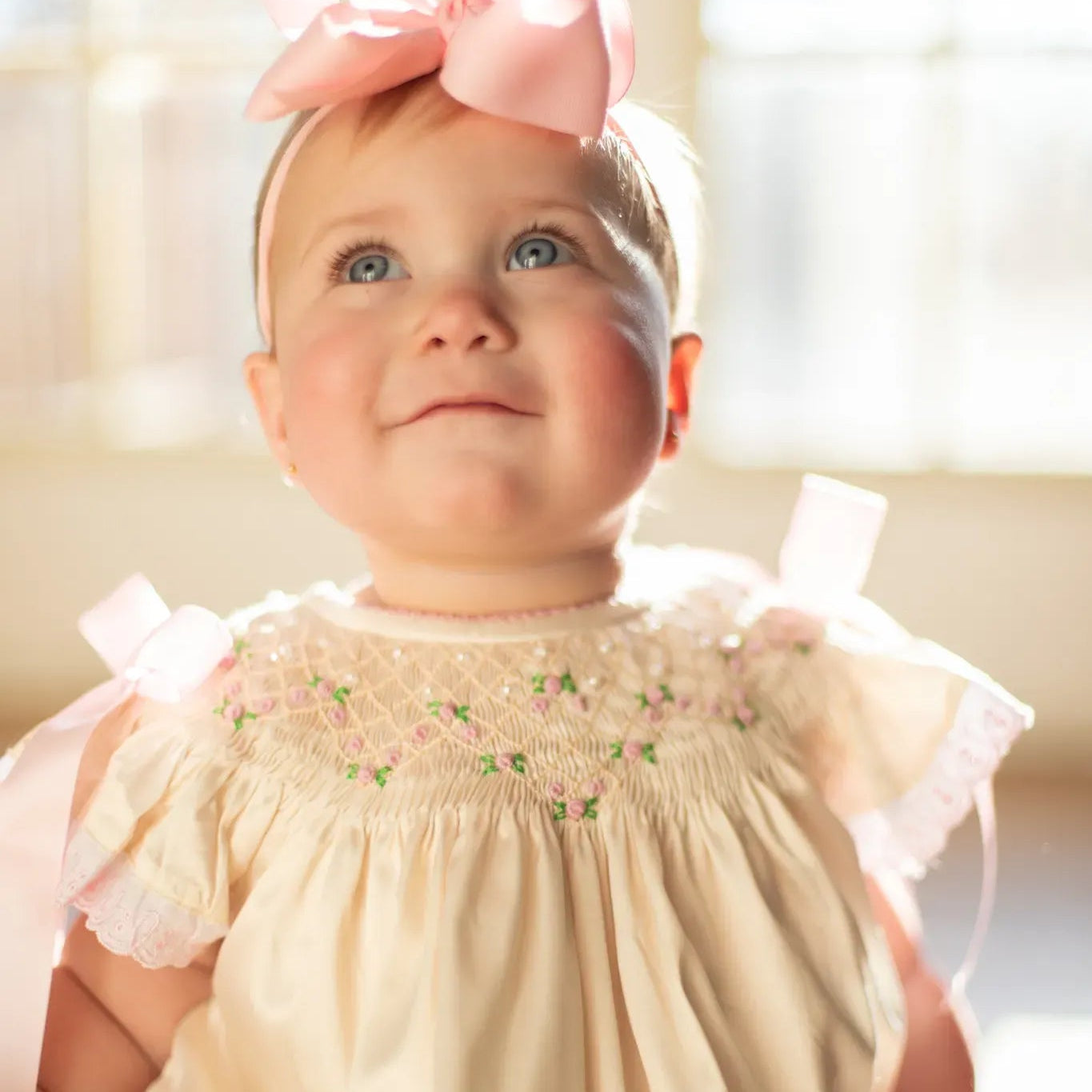 Cream Satin Rosette & Pearls Smocked Bishop Dress