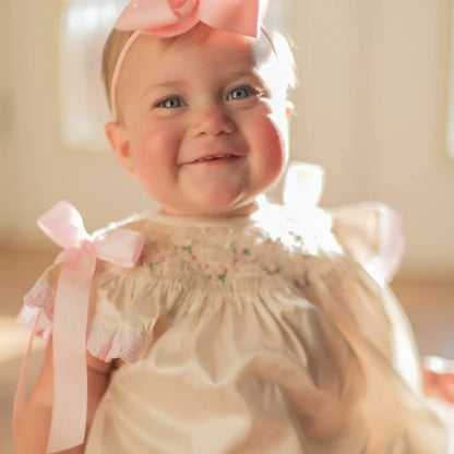 Cream Satin Rosette & Pearls Smocked Bishop Bubble